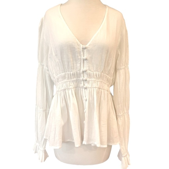 Faherty Colette Organic Cotton Blouse Button Up Smocked Ruffles White Sz L - Picture 4 of 16